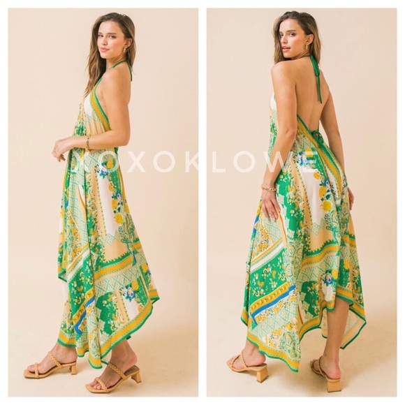 Boho Print Hanky Hem Halter Midi Dress - Picture 2 of 10